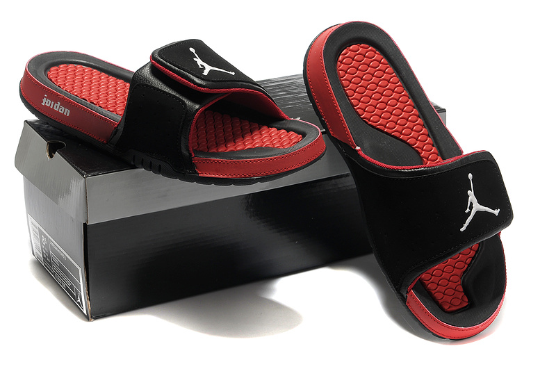 black and red jordan slippers