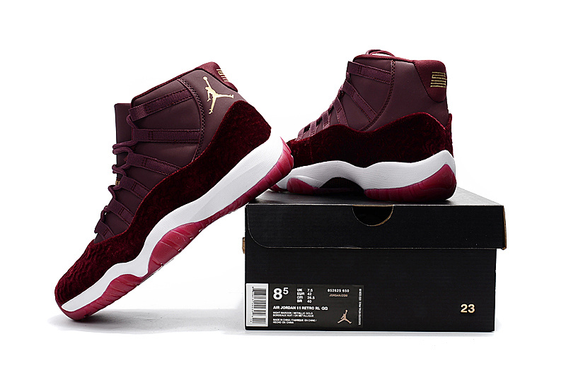 Official Air Jordan 11 Velvet Pattern Wine Red White Gold Shoes